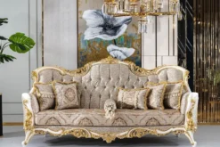 Casa Padrino Luxus Barock Sofa Silber / Beige / Schwarz / Weiß / Gold - Prunkvolles Wohnzimmer Sofa mit Glitzersteinen - Barockstil Wohnzimmer Möbel - Luxus Möbel im Barockstil - Barock Einrichtung