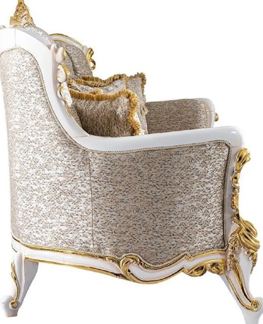 Casa Padrino Luxus Barock Sofa Silber / Beige / Schwarz / Weiß / Gold - Prunkvolles Wohnzimmer Sofa mit Glitzersteinen - Barockstil Wohnzimmer Möbel - Luxus Möbel im Barockstil - Barock Einrichtung