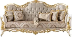 Casa Padrino Luxus Barock Sofa Silber / Beige / Schwarz / Weiß / Gold - Prunkvolles Wohnzimmer Sofa mit Glitzersteinen - Barockstil Wohnzimmer Möbel - Luxus Möbel im Barockstil - Barock Einrichtung