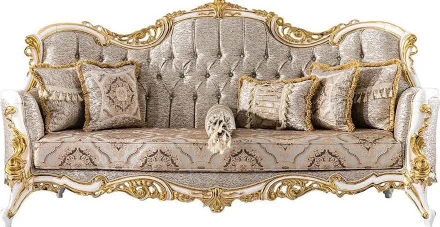 Casa Padrino Luxus Barock Sofa Silber / Beige / Schwarz / Weiß / Gold - Prunkvolles Wohnzimmer Sofa mit Glitzersteinen - Barockstil Wohnzimmer Möbel - Luxus Möbel im Barockstil - Barock Einrichtung