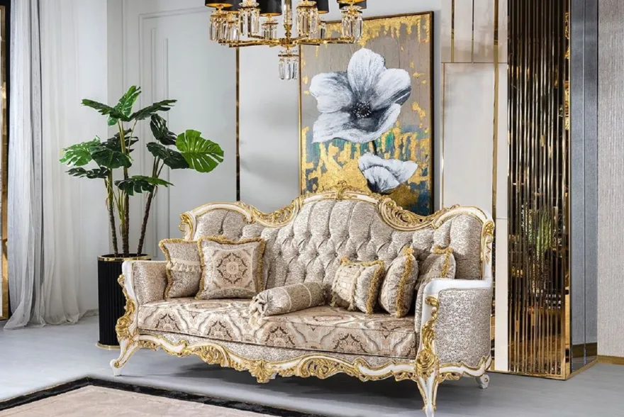 Casa Padrino Luxus Barock Sofa Silber / Beige / Schwarz / Weiß / Gold - Prunkvolles Wohnzimmer Sofa mit Glitzersteinen - Barockstil Wohnzimmer Möbel - Luxus Möbel im Barockstil - Barock Einrichtung