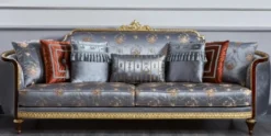 Casa Padrino Luxus Barock Sofa Blau / Dunkelbraun / Gold - Prunkvolles Wohnzimmer Sofa - Barockstil Wohnzimmer Möbel - Luxus Möbel im Barockstil - Barock Einrichtung - Edel & Prunkvoll