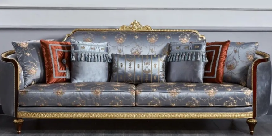 Casa Padrino Luxus Barock Sofa Blau / Dunkelbraun / Gold - Prunkvolles Wohnzimmer Sofa - Barockstil Wohnzimmer Möbel - Luxus Möbel im Barockstil - Barock Einrichtung - Edel & Prunkvoll