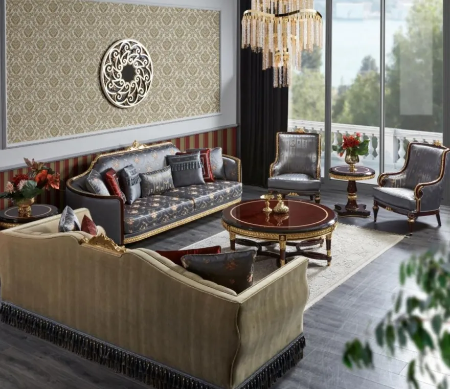 Casa Padrino Luxus Barock Sofa Blau / Dunkelbraun / Gold - Prunkvolles Wohnzimmer Sofa - Barockstil Wohnzimmer Möbel - Luxus Möbel im Barockstil - Barock Einrichtung - Edel & Prunkvoll