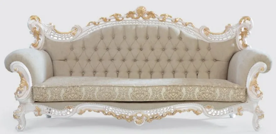 Casa Padrino Luxus Barock Sofa Greige / Weiß / Gold 230 x 95 x H. 130 cm - Handgefertigtes Wohnzimmer Sofa mit elegantem Muster - Barock Wohnzimmer Möbel - Edel & Prunkvoll