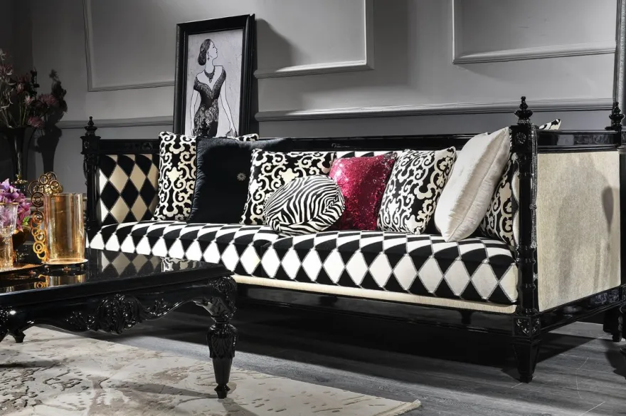 Casa Padrino Luxus Barock Sofa Weiß / Schwarz 240 x 96 x H. 83 cm - Wohnzimmer Sofa mit elegantem Muster - Edel & Prunkvoll