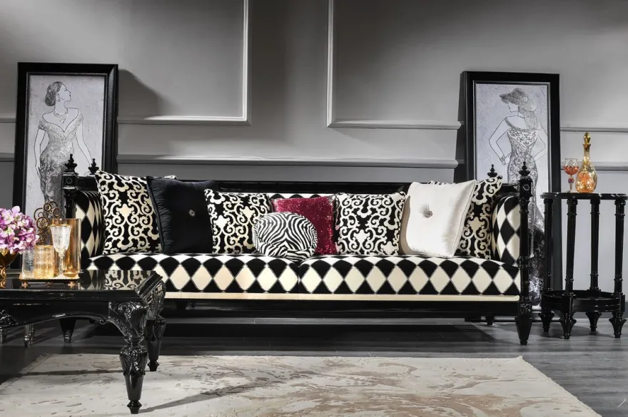 Casa Padrino Luxus Barock Sofa Weiß / Schwarz 240 x 96 x H. 83 cm - Wohnzimmer Sofa mit elegantem Muster - Edel & Prunkvoll