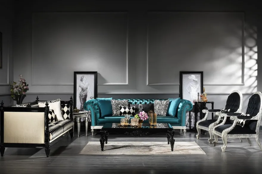 Casa Padrino Luxus Barock Sofa Weiß / Schwarz 240 x 96 x H. 83 cm - Wohnzimmer Sofa mit elegantem Muster - Edel & Prunkvoll