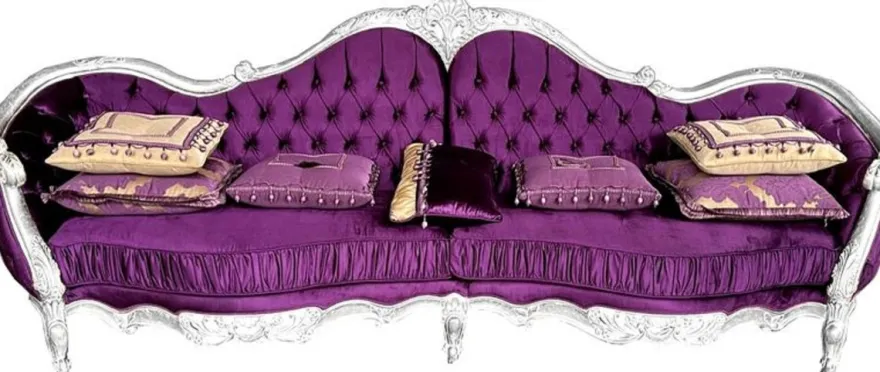 Casa Padrino Luxus Barock Sofa Lila / Silber - Handgefertigtes Wohnzimmer Sofa mit edlem Satinstoff - Barock Möbel - Edel & Prunkvoll