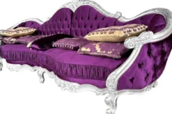 Casa Padrino Luxus Barock Sofa Lila / Silber - Handgefertigtes Wohnzimmer Sofa mit edlem Satinstoff - Barock Möbel - Edel & Prunkvoll