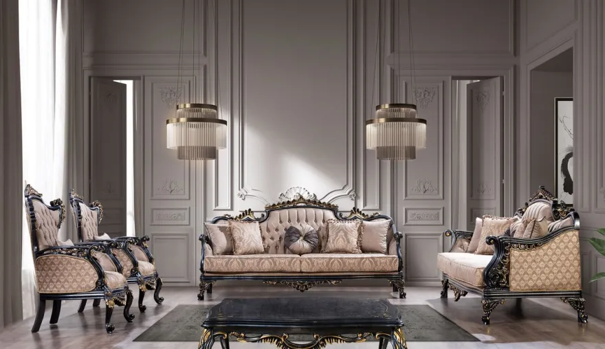 Casa Padrino Luxus Barock Sofa Grau / Blau / Gold - Barockstil Wohnzimmer Sofa mit elegantem Muster - Luxus Wohnzimmer Möbel im Barockstil - Barock Möbel - Barock Einrichtung