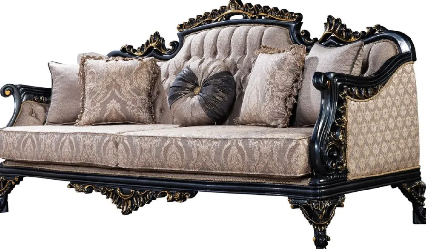 Casa Padrino Luxus Barock Sofa Grau / Blau / Gold - Barockstil Wohnzimmer Sofa mit elegantem Muster - Luxus Wohnzimmer Möbel im Barockstil - Barock Möbel - Barock Einrichtung