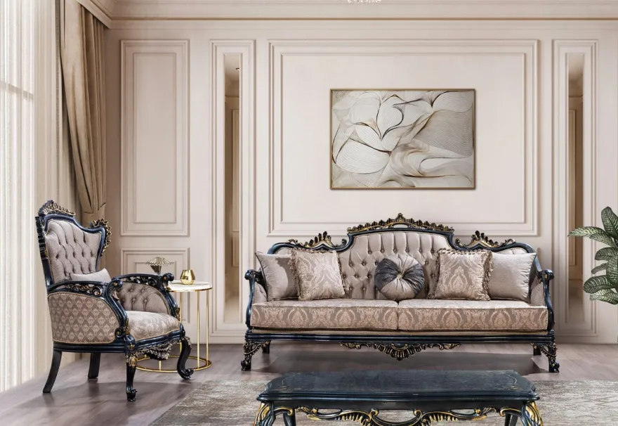 Casa Padrino Luxus Barock Sofa Grau / Blau / Gold - Barockstil Wohnzimmer Sofa mit elegantem Muster - Luxus Wohnzimmer Möbel im Barockstil - Barock Möbel - Barock Einrichtung