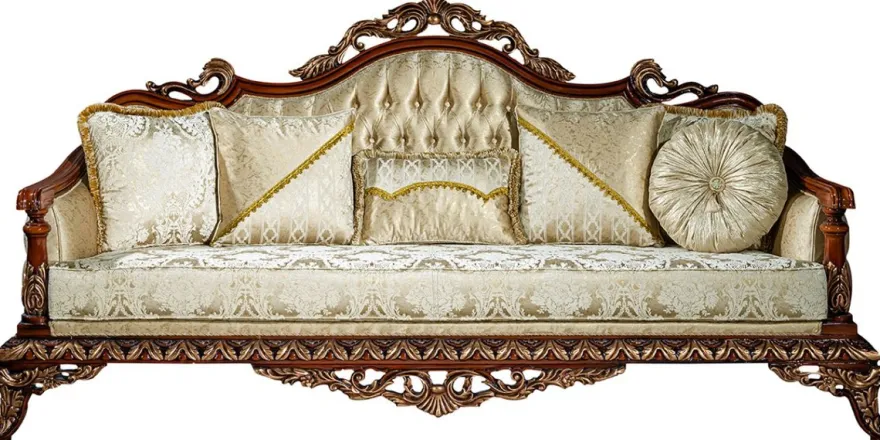 Casa Padrino Luxus Barock Sofa Gold / Braun / Bronze 245 x 92 x H. 127 cm - Wohnzimmer Sofa mit elegantem Muster und dekorativen Kissen - Edle Barock Möbel