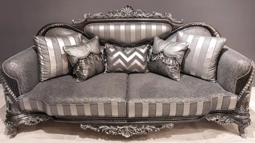 Casa Padrino Luxus Barock Sofa Silber / Grau / Schwarz / Silber - Prunkvolles Wohnzimmer Sofa - Barock Wohnzimmer Möbel - Edel & Prunkvoll