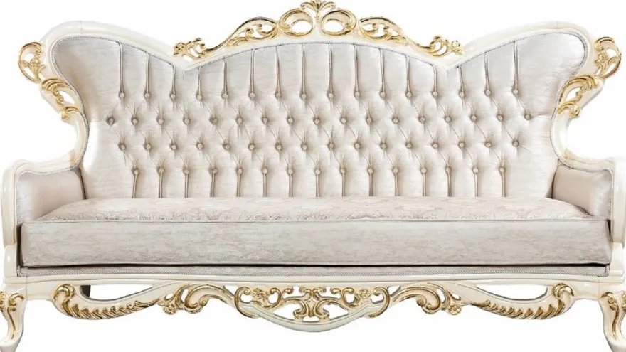 Casa Padrino Luxus Barock Sofa Silber / Weiß / Gold - Handgefertigtes Barockstil Wohnzimmer Sofa mit elegantem Muster - Prunkvolle Barock Wohnzimmer Möbel