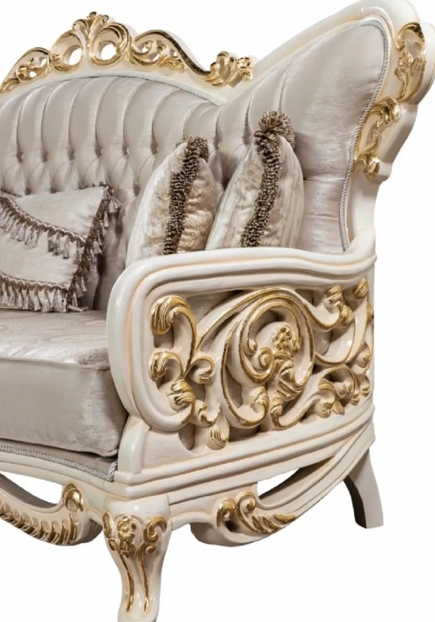 Casa Padrino Luxus Barock Sofa Silber / Weiß / Gold - Handgefertigtes Barockstil Wohnzimmer Sofa mit elegantem Muster - Prunkvolle Barock Wohnzimmer Möbel