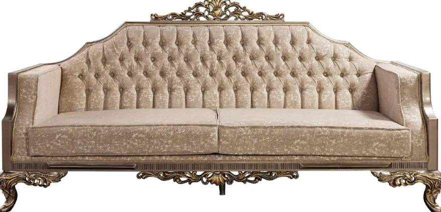 Casa Padrino Luxus Barock Sofa Grau / Beige / Silber / Gold - Prunkvolles Wohnzimmer Sofa mit Muster - Barock Wohnzimmer Möbel - Edel & Prunkvoll