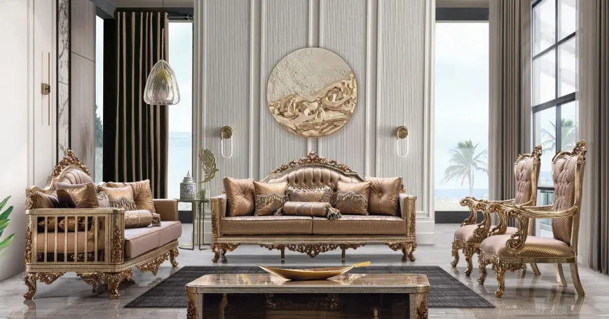 Casa Padrino Luxus Barock Sofa Kupfer / Antik Silber / Gold - Barockstil Wohnzimmer Sofa mit elegantem Muster - Luxus Wohnzimmer Möbel im Barockstil - Barock Einrichtung - Barock Möbel