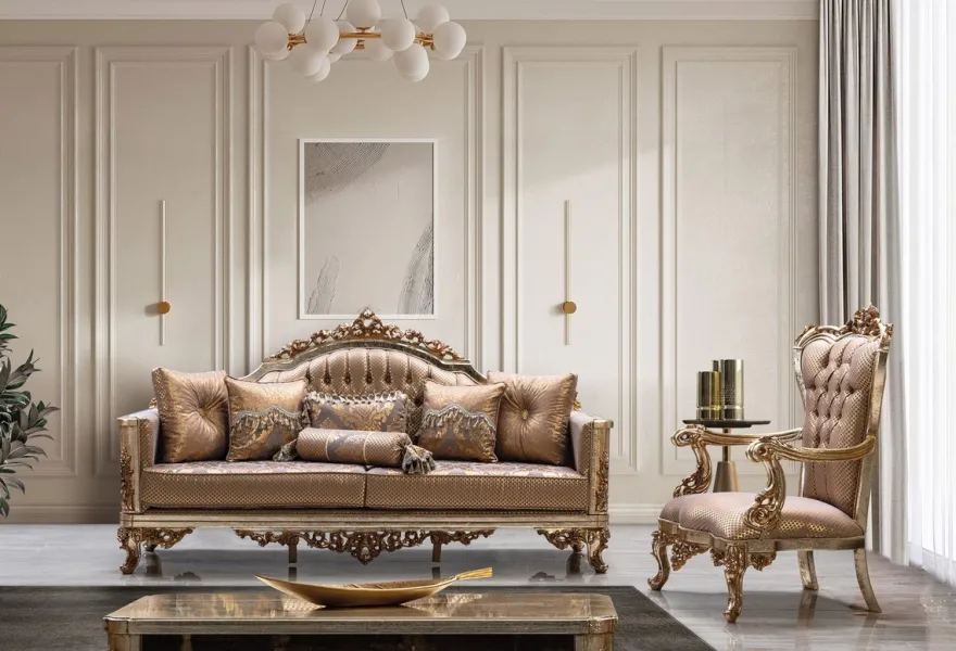 Casa Padrino Luxus Barock Sofa Kupfer / Antik Silber / Gold - Barockstil Wohnzimmer Sofa mit elegantem Muster - Luxus Wohnzimmer Möbel im Barockstil - Barock Einrichtung - Barock Möbel