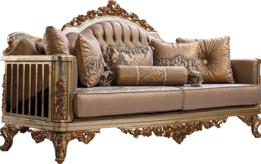 Casa Padrino Luxus Barock Sofa Kupfer / Antik Silber / Gold - Barockstil Wohnzimmer Sofa mit elegantem Muster - Luxus Wohnzimmer Möbel im Barockstil - Barock Einrichtung - Barock Möbel