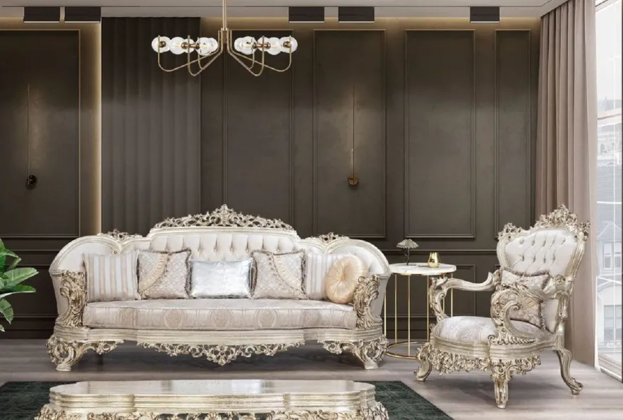 Casa Padrino Luxus Barock Sofa Cremefarben / Beige / Antik Gold - Prunkvolles Wohnzimmer Sofa mit elegantem Muster - Barock Wohnzimmer Möbel