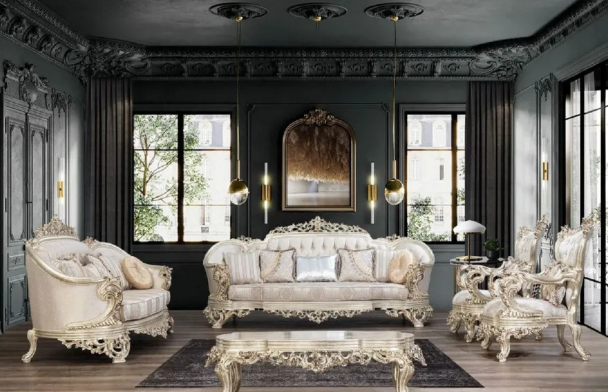 Casa Padrino Luxus Barock Sofa Cremefarben / Beige / Antik Gold - Prunkvolles Wohnzimmer Sofa mit elegantem Muster - Barock Wohnzimmer Möbel