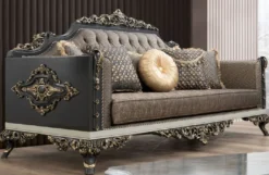 Casa Padrino Luxus Barock Sofa Blau / Gold / Grau / Weiß / Gold - Prunkvolles Wohnzimmer Sofa mit elegantem Muster - Barock Wohnzimmer Möbel