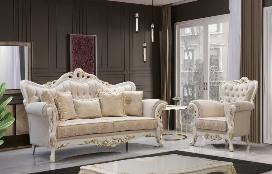 Casa Padrino Luxus Barock Sofa Weiß / Gold - Barockstil Wohnzimmer Sofa mit elegantem Muster - Luxus Wohnzimmer Möbel im Barockstil - Barock Möbel - Barock Einrichtung