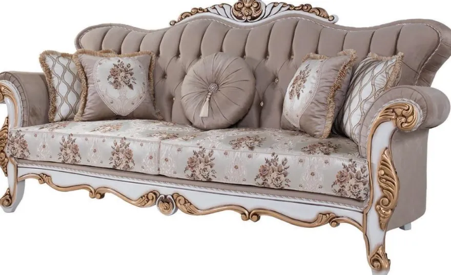 Casa Padrino Luxus Barock Sofa mit Kissen Grau / Mehrfarbig / Weiß / Bronze 232 x 87 x H. 101 cm - Wohnzimmer Couch mit Blumenmuster und wunderschönen Verzierungen
