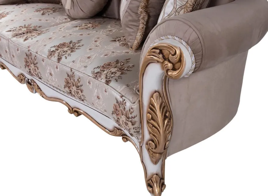 Casa Padrino Luxus Barock Sofa mit Kissen Grau / Mehrfarbig / Weiß / Bronze 232 x 87 x H. 101 cm - Wohnzimmer Couch mit Blumenmuster und wunderschönen Verzierungen