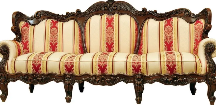 Casa Padrino Luxus Barock Sofa mit Streifen Creme / Gelb / Rot / Dunkelbraun - Gestreiftes Wohnzimmer Sofa im Barockstil - Barock Wohnzimmer Möbel - Edel & Prunkvoll