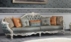 Casa Padrino Luxus Barock Sofa Dunkeltürkis / Gold / Silber 310 x 99 x H. 113 cm - Prunkvolles Chesterfield Wohnzimmer Sofa im Barockstil