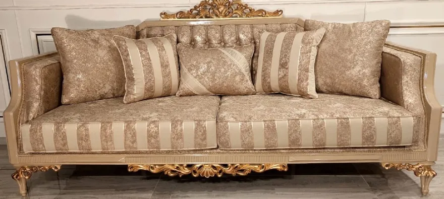 Casa Padrino Luxus Barock Sofa Gold / Beige / Gold - Prunkvolles Wohnzimmer Sofa mit Streifen - Barock Wohnzimmer & Hotel Möbel - Edel & Prunkvoll