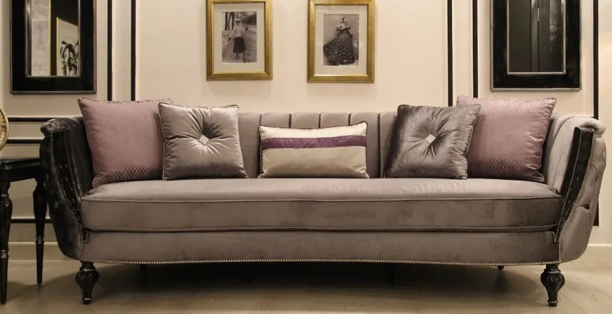 Casa Padrino Luxus Barock Sofa Grau / Schwarz / Silber 265 x 90 x H. 85 cm - Wohnzimmer Sofa mit edlem Samtstoff - Barock Möbel