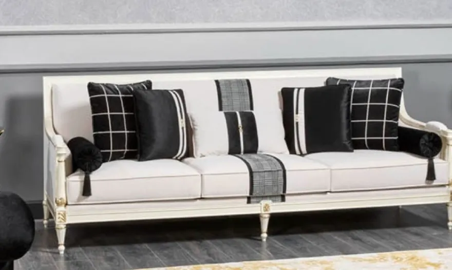 Casa Padrino Luxus Barock Sofa Weiß / Grau / Schwarz / Gold 260 cm - Barock Wohnzimmer Möbel