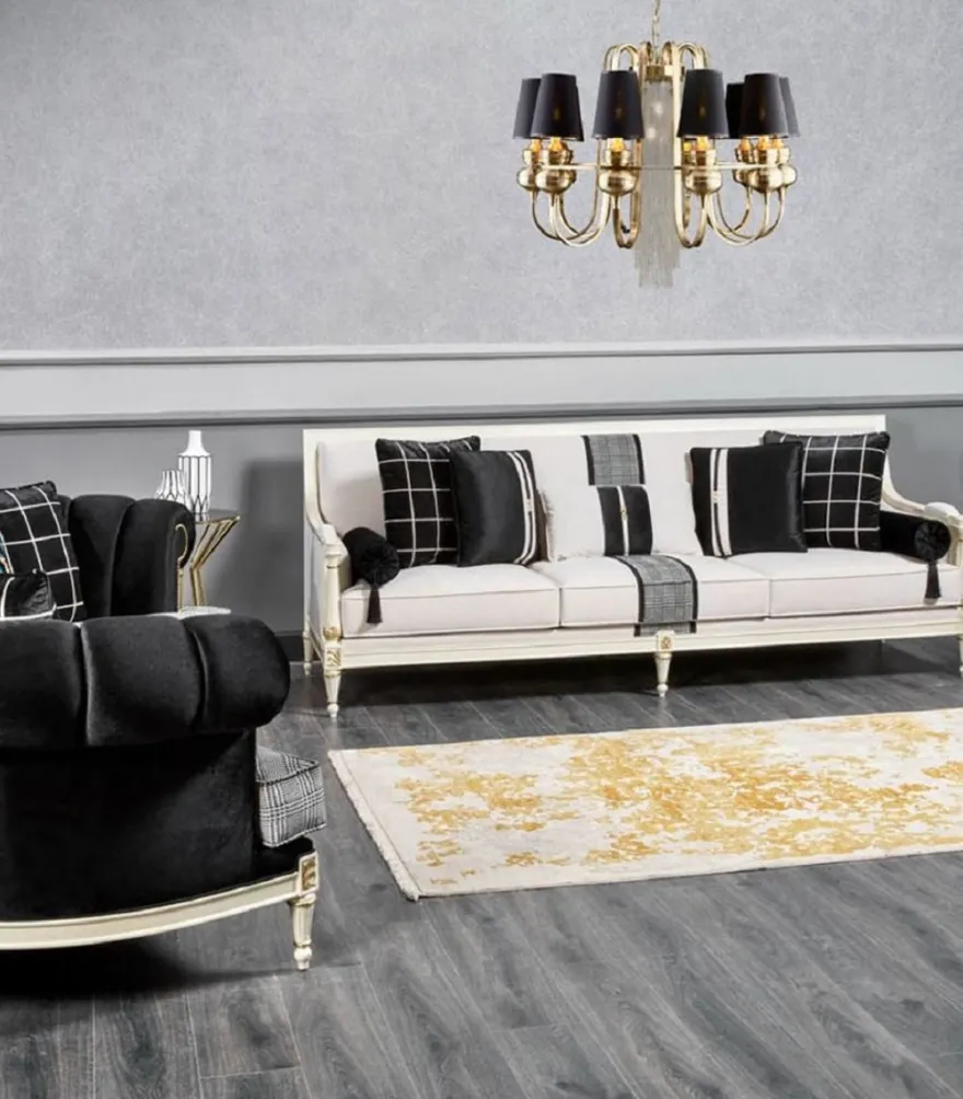 Casa Padrino Luxus Barock Sofa Weiß / Grau / Schwarz / Gold 260 cm - Barock Wohnzimmer Möbel