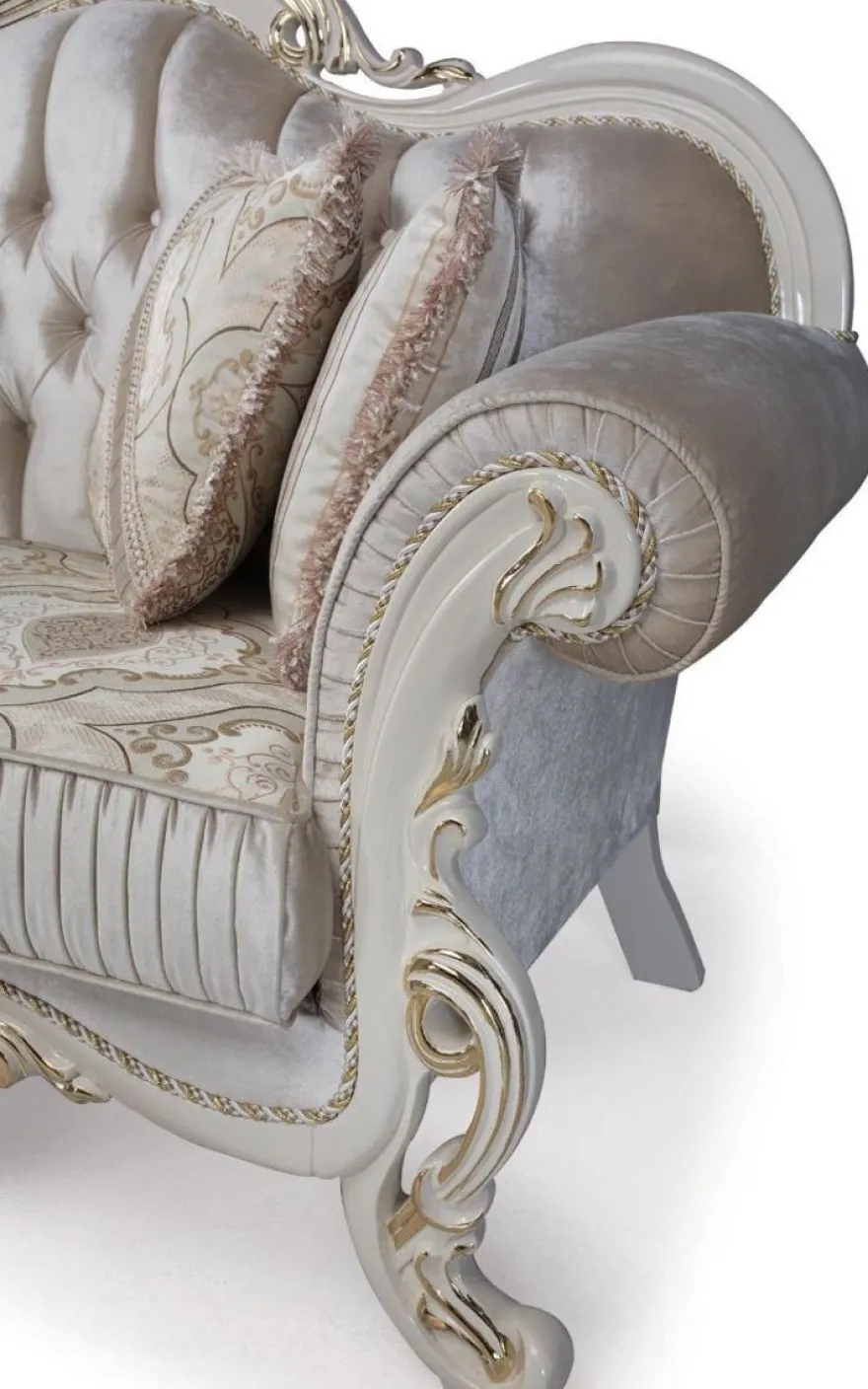 Casa Padrino Luxus Barock Sofa Mehrfarbig / Weiß / Gold 227 x 90 x H. 118 cm - Wohnzimmer Sofa mit dekorativen Kissen - Wohnzimmermöbel im Barockstil