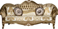 Casa Padrino Luxus Barock Sofa Gold / Weiß 256 x 87 x H. 120 cm - Prunkvolles Wohnzimmer Sofa mit dekorativen Kissen - Wohnzimmer Möbel im Barockstil