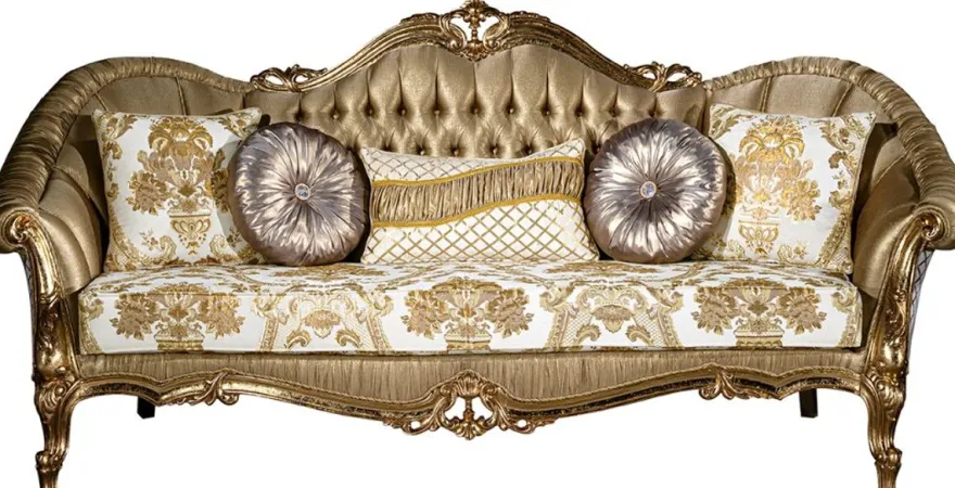 Casa Padrino Luxus Barock Sofa Gold / Weiß 256 x 87 x H. 120 cm - Prunkvolles Wohnzimmer Sofa mit dekorativen Kissen - Wohnzimmer Möbel im Barockstil