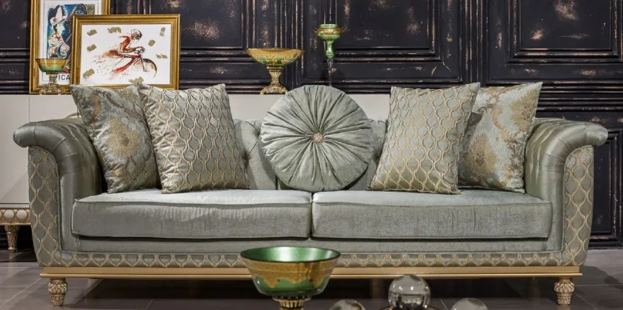 Casa Padrino Luxus Barock Sofa Türkis / Gold - Handgefertigtes Wohnzimmer Sofa im Barockstil - Barock Wohnzimmer Möbel - Edel & Prunkvoll