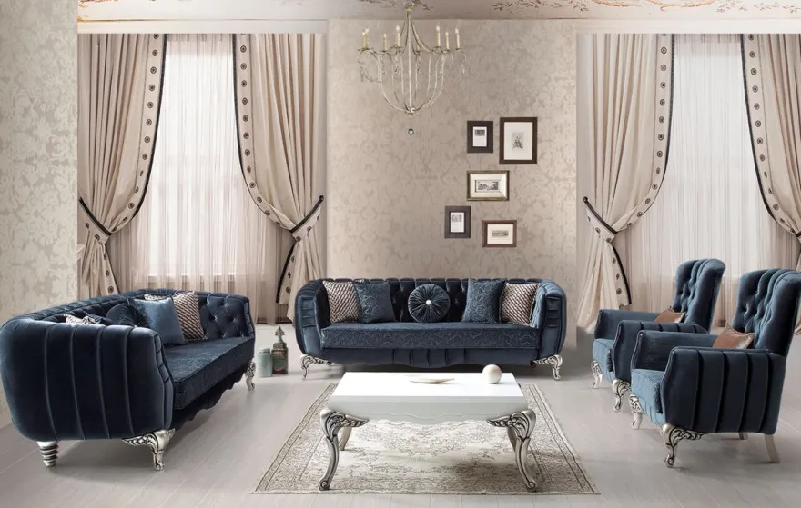 Casa Padrino Luxus Barock Sofa Blau / Silber 235 x 103 x H. 82 cm - Barockstil Wohnzimmer Sofa mit dekorativen Kissen - Barock Wohnzimmer Möbel