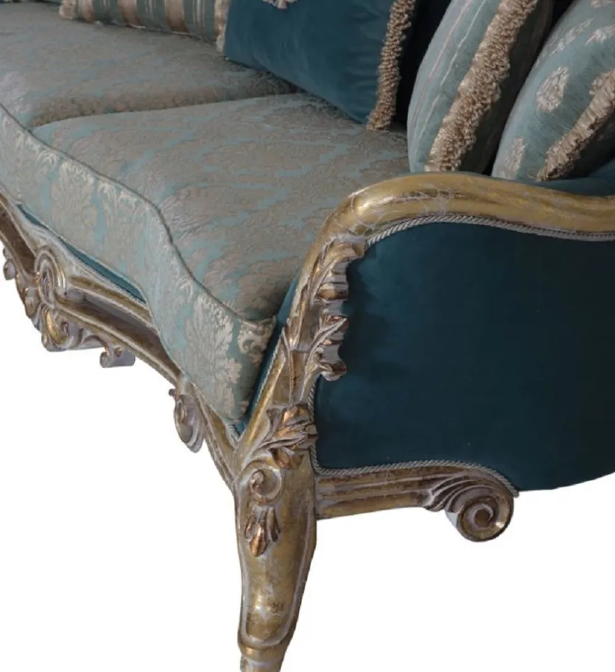 Casa Padrino Luxus Barock Sofa Blau / Gold - Handgefertigtes Barockstil Wohnzimmer Sofa mit elegantem Muster - Barock Wohnzimmer Möbel