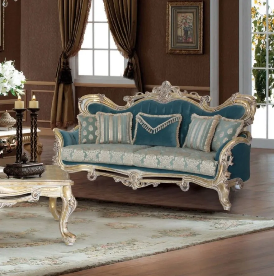 Casa Padrino Luxus Barock Sofa Blau / Gold - Handgefertigtes Barockstil Wohnzimmer Sofa mit elegantem Muster - Barock Wohnzimmer Möbel