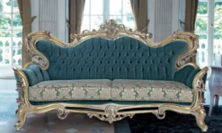 Casa Padrino Luxus Barock Sofa Blau / Gold - Handgefertigtes Barockstil Wohnzimmer Sofa mit elegantem Muster - Barock Wohnzimmer Möbel
