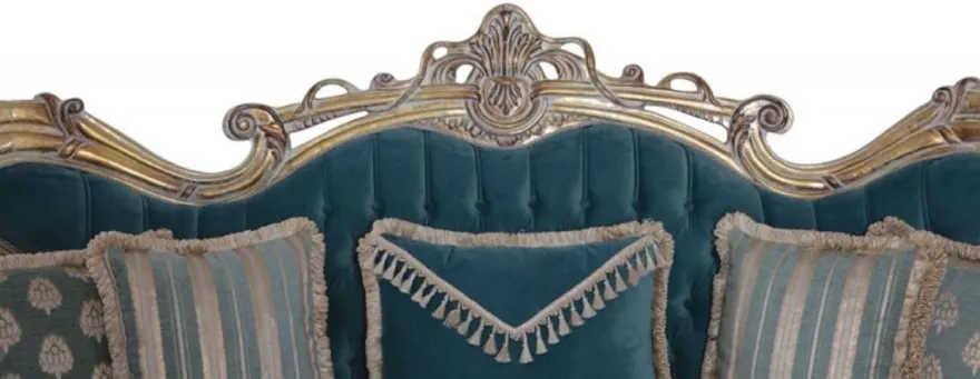 Casa Padrino Luxus Barock Sofa Blau / Gold - Handgefertigtes Barockstil Wohnzimmer Sofa mit elegantem Muster - Barock Wohnzimmer Möbel