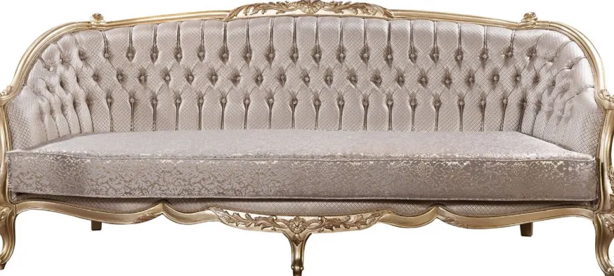 Casa Padrino Luxus Barock Sofa Silber / Gold - Barockstil Wohnzimmer Sofa mit elegantem Muster - Luxus Wohnzimmer Möbel im Barockstil - Barock Möbel - Barock Einrichtung