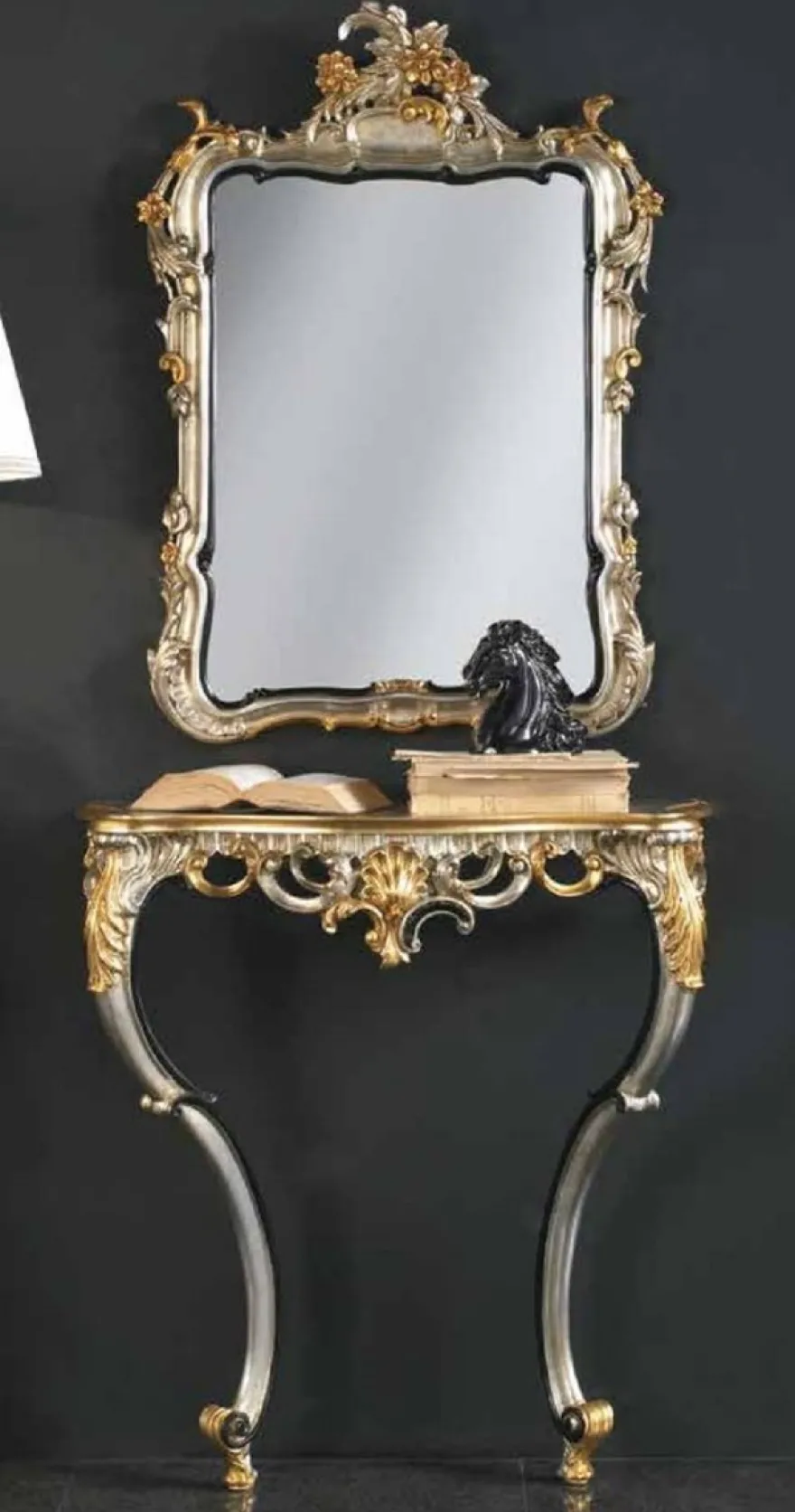 Casa Padrino Luxus Barock Spiegelkonsole Silber / Gold - Prunkvolle Barock Konsole mit Wandspiegel - Barock Hotel & Schloß Möbel - Luxus Qualität - Made in Italy