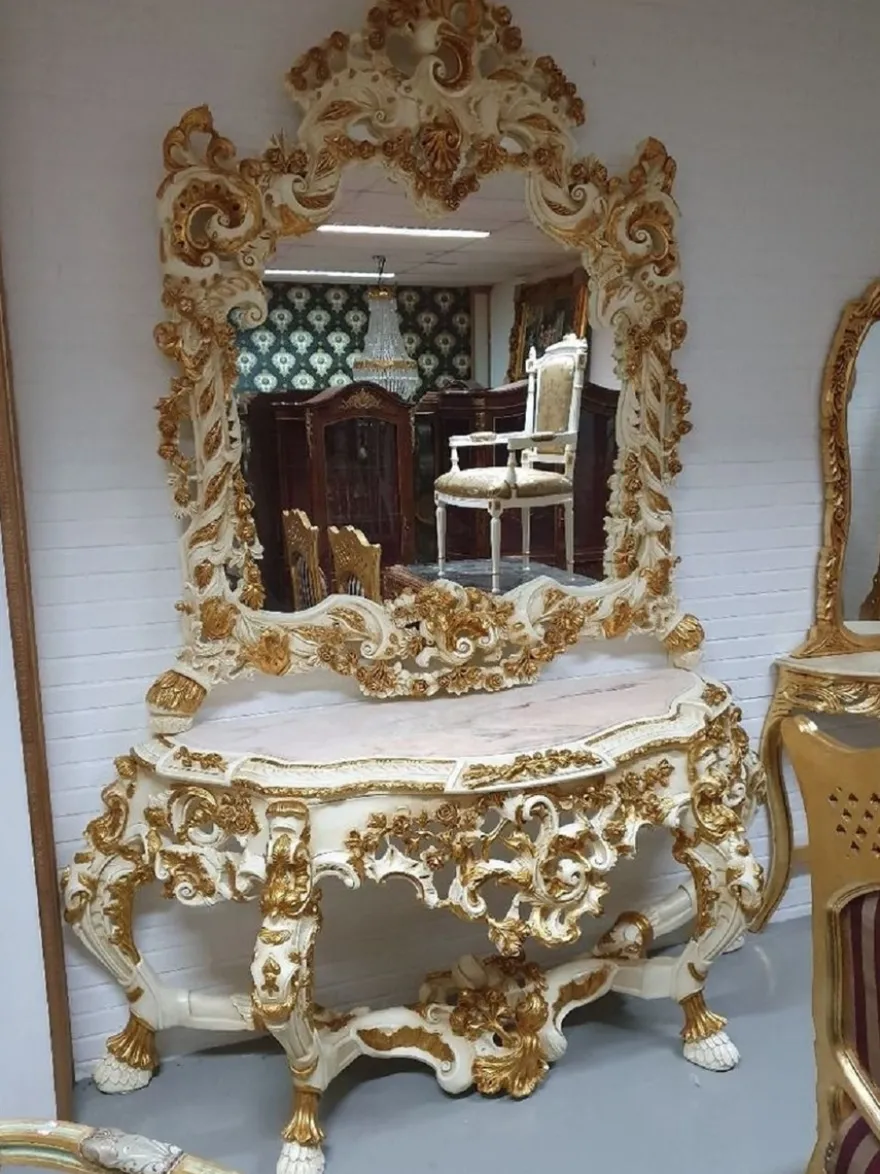 Casa Padrino Luxus Barock Spiegelkonsole Creme / Gold - Prunkvoller Massivholz Konsolentisch mit Marmorplatte und Wandspiegel - Barock Möbel