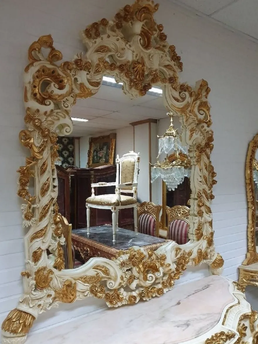 Casa Padrino Luxus Barock Spiegelkonsole Creme / Gold - Prunkvoller Massivholz Konsolentisch mit Marmorplatte und Wandspiegel - Barock Möbel